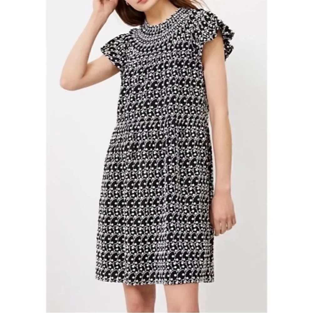 ✨LOFT Black & White Eyelet Smocked Yoke Swing Dress